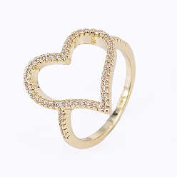 Golden Brass Micro Pave Cubic Zirconia Finger Rings, Heart, Size 8, Golden, 18mm