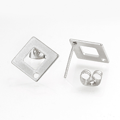Stainless Steel Color 304 Stainless Steel Stud Earring Findings, Ear Nuts/Earring Backs, Rhombus, Stainless Steel Color, 14x14mm, Hole: 1mm, Pin: 0.8mm,