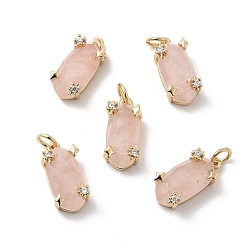 Розовый Кварц Фасетные розовые кварцевые подвески, Овальные подвески с латунными микропаве из прозрачных кубических цирконий и соединительными кольцами, реальный 18 k позолоченный, без кадмия и без свинца, стойки покрытие, долговечный, 16~16.5x7.5~8x7~7.5 мм, отверстие : 3.5 мм