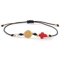 Красный Браслеты ручной работы из латунных звеньев, Браслеты из окрашенных синтетических бирюзовых бусин, плетеные из бусин, для женщин и мужчин., Плоская круглая фигурка со святым Бенедиктом и крестом., красные, 11.02 дюйм (28 см)