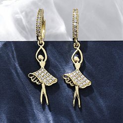 Настоящее золото 18K Латунные серьги-кольца из прозрачного кубического циркония, стойки покрытие, долговечный, без свинца и без кадмия, Девушка танцует, реальный 18 k позолоченный, 40x12 мм