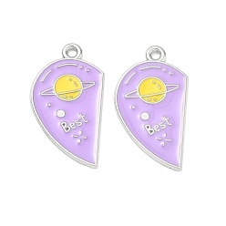 Platinum Alloy Enamel Pendants, Heart with Planet Charms, Split Pendants, Platinum, 27x15x1mm, Hole: 1.6mm