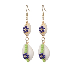 Синий Серьги-подвески в виде цветка ракушки каури, с бисером и 304 крючками из нержавеющей стали, золотые, синие, 70x14~15.5 мм