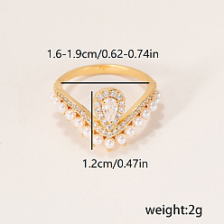 Golden Brass Micro Pave Cubic Zirconia Finger Rings for Women, Teardrop, with Imitation Pearl, Golden, 12mm, US Size 6(16.5mm)