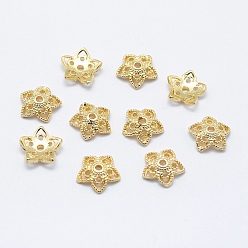 Настоящее золото 18K 5-лепестка латунные колпачки, долговечный, реальный 18 k позолоченный, без никеля , цветок, 9.5x2.5 мм, отверстие : 1 мм