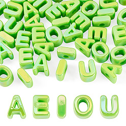Lime Vert 50 pcs 5 styles placage uv perles acryliques opaques, iridescent, lettre aeiou, lime green, 20.5x8~18x13.5mm, Trou: 6mm, 10 pcs / style