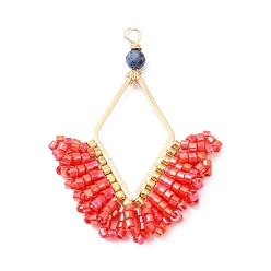 Red Glass Seed Beaded Pendants, Copper Wire Wrapped, with Brass Frame, Rhombus Charms, Red, 37~38.5x27~28x3.5mm, Hole: 1.6mm