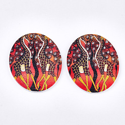 Colorful Printed Wooden Big Pendants, Dyed, Oval with Giraffe, Colorful, 63x50x2.5mm, Hole: 1.2mm