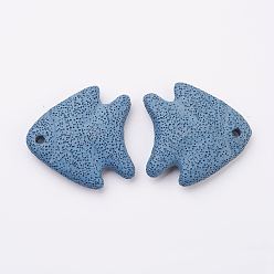 Стально-синий Большие подвески из натуральной лавы, рыба, окрашенные, стальной синий, 54~56x52~53x10~11 мм, отверстие : 4 мм