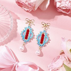 Темно-Голубой Прозрачные гальванизированные стеклянные бусины ромб с бантом серьги-гвоздики, с цилиндрическими бусинами и 304 соединительными кольцами из нержавеющей стали и 55x22 фурнитурой для сережек-гвоздиков из АБС-пластика и искусственного жемчуга из латуни, золотые, глубокое синее небо, {1} мм