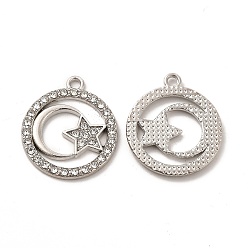 Platinum Alloy Crystal Rhinestone Pendants, Flat Round with Moon & Star Pattern Charm, Platinum, 23x20x2mm, Hole: 1.8mm