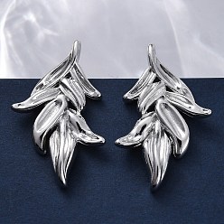 Платина Серьги-гвоздики из латуни в форме листа, без свинца и без кадмия, долговечный, стойки покрытие, платина, 32.5x21 mm.