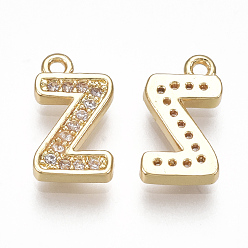 Letter Z Brass Cubic Zirconia Charms, Letter, Clear, Real 18K Gold Plated, Letter.Z, 11x6x1.5mm, Hole: 1mm