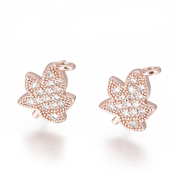Rose Gold Autumn Theme Brass Stud Earring Findings, with Cubic Zirconia and Loop, Maple Leaf, Clear, Rose Gold, 12x7.5mm, Hole: 1.2mm, Pin: 0.8mm