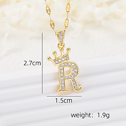 Letter R Латунные микропаве прозрачные кубические цирконии корона инициал кулон ожерелья, реальный 18 k позолоченный, Буква R, 15.75 дюйм (40 см)