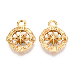 Настоящее золото 18K 304 подвески из нержавеющей стали, компас, ионное покрытие (ip), реальный 18 k позолоченный, 32x26x7 мм, отверстие : 4.2 мм
