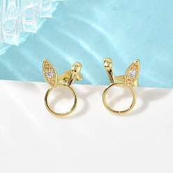 Кролик Женские серьги-гвоздики из латуни с кристаллами и стразами, золотые, кролик, 13x9 мм