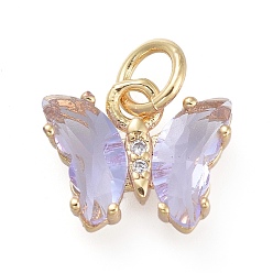 Lavender Brass Micro Pave Clear Cubic Zirconia Pendant, with Glass, Butterfly, Golden, Lavender, 11x9.5x3mm, Hole: 3.5mm