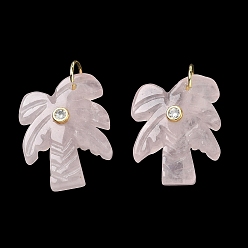 Rose Quartz Natural Rose Quartz Carved Pendants, Coconut Tree Charms with Brass Pave Clear Cubic Zirconia Findings, Golden, 26.5x20.5x7.5mm, Hole: 6.5mm