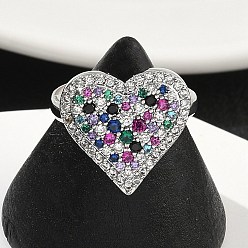 Разноцветный Кольца-манжеты в форме сердца из латуни с микропаве из кубического циркония для женщин, без кадмия и без свинца, стойки покрытие, платина, красочный, 15.4~16.8 мм
