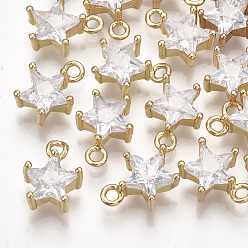 Real 18K Gold Plated Brass Cubic Zirconia Charms, Star, Clear, Real 18K Gold Plated, 11x8.5x5mm, Hole: 1.5mm