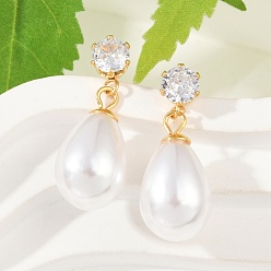 Золотой Серьги-гвоздики в форме капли с плоским круглым 304 кристаллом из нержавеющей стали с прозрачным кубическим цирконием, с пластиковой имитационной жемчужиной, золотые, 23x9.5 мм