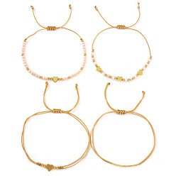 Beige Faux Pearl & Brass & Glass Braided Bead Bracelet Sets, Heart Multi-Strand Adjustable Stackable Bracelets, Golden, Beige, 11.02 inch(28cm), 4pcs/set