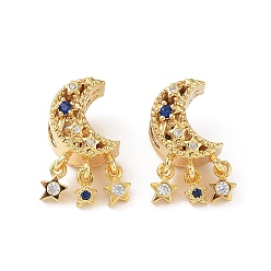 Настоящее золото 18K Латунные микро проложить кубического циркония бусы, луна и звезда с кисточкой, реальный 18 k позолоченный, 18x9x11 мм, отверстие : 4 мм