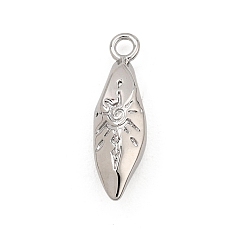 Platinum Brass Pendants, Leaf with Sun Charms, Platinum, 19x5x4mm, Hole: 1.6mm