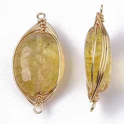 Gold Natural Quartz Crystal Links Connectors, Dyed, Wire Wrapped Links, with Brass Wires, Oval, Light Gold, Gold, 23~24x11~12x6mm, Hole: 1~1.5mm