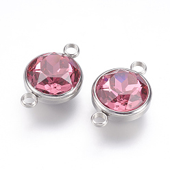 Ярко-Розовый К 9 соединители звеньев стеклянные стразы, с 304 фурнитурой из нержавеющей стали, плоско-круглые, ярко-розовый, 14x21.5x9 мм, отверстие : 2.5 мм