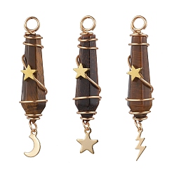 Тигровый глаз 3 шт. 3 стили натуральный тигровый глаз заостренные медные проволоки обернутые граненые пули большие подвески, металлические подвески в виде луны, звезды, молнии, золотые, 49.5~50.5x10~11x11~12 мм, отверстие : 3.5 мм, 1 шт / стиль