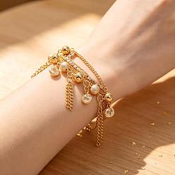 Round Iron Zinc Alloy Tassel Multi-Strand Bracelets for Women, Golden, Round, 5.91 inch(15cm)