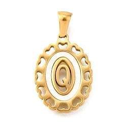 Letter Q Золотые подвески 304 из нержавеющей стали, с оболочкой, полый овал с сердцем, Буква Q, 23x16.5x2 мм, отверстие : 5.5x3 мм