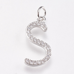 Letter S Brass Micro Pave Cubic Zirconia Letter Pendants, Letter.S, 8.5x17x2mm, Hole: 3mm