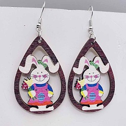 Разноцветный Пасхальные деревянные серьги-подвески, слеза с кроликом, платина, красочный, 70x38 мм