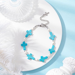 Темно-Голубой Браслеты из бусин из синтетической бирюзы и немагнитного гематита для женщин, крестик, глубокое синее небо, 7-3/8 дюйм (18.6~18.8 мм)