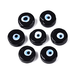 Черный Ручной зло бусины глаз, плоско-круглые, чёрные, 15~16x6~7.5 мм, отверстие : 1.4~1.8 мм