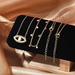 Evil Eye 304 двухслойные ожерелья из нержавеющей стали, ожерелья с подвесками из прозрачного кубического циркония для женщин, реальный 18 k позолоченный, злые глаза, 15.87~19.02 дюйм (40.3~48.3 см), 2 шт / комплект