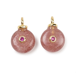 Клубничный Кварц Натуральные кварцевые подвески из клубники, плоские круглые подвески с латунной микрофиброй и фианитами, реальный 18 k позолоченный, без кадмия и без свинца, стойки покрытие, долговечный, 15x10x5 мм, отверстие : 2.5 мм