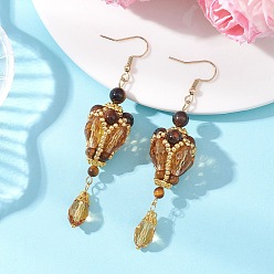 Тигровый глаз Серьги-подвески в форме капли, выполненные из натурального тигрового глаза и стеклянных бусин., с 304 крючков из нержавеющей стали, золотые, 78x20~20.5 мм