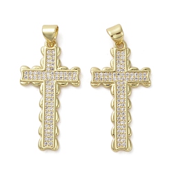 Настоящее золото 16K Латунные микропаве прозрачные подвески с фианитом, без кадмия и без свинца, крестик, реальный 16 k позолоченный, 31.5x16.5x2 мм, отверстие : 4x3.5 мм