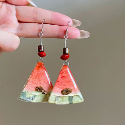 Light Coral Resin Cute Fruit Watermelon Slice Dangle Earrings, Wood Bead & Alloy Earrings for Summer, Light Coral, 60mm