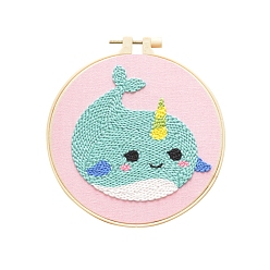 Whale Animal Theme DIY Display Decoration Punch Embroidery Beginner Kit, Including Punch Pen, Needles & Yarn, Cotton Fabric, Threader, Plastic Embroidery Hoop, Instruction Sheet, Whale, 155x155mm
