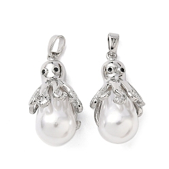 Платина Латунные микро проложить кубического циркония подвески, осьминог со слезой, с abs имитационными жемчужными бусинами , платина, 27.5x13x14 мм, отверстие : 4x3 мм