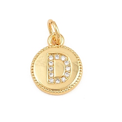 Letter D Breloques en laiton zircon cubique transparent, rond plat avec breloques en forme de lettre, plaqué longue durée, sans plomb et sans cadmium, crémaillère plaquage, réel 18 k plaqué or, lettre d, 12.5x10x1.5mm, Trou: 3mm