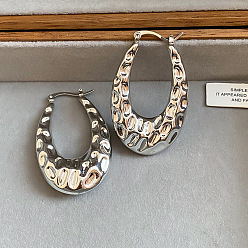 Plata Pendientes de aro de hierro texturizado para mujer, oval, plata, 51x32 mm