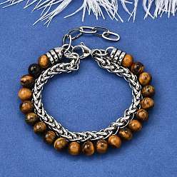 Тигровый глаз Круглые бусины из натурального тигрового глаза, многониточные браслеты, браслеты из нержавеющей стали с кубинскими звеньями для мужчин и женщин, 8-5/8 дюйм (22 см) ~ 9 дюйм (22.8 см)