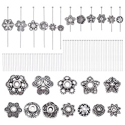 Antique Silver DIY Jewelry Making Finding Kits, including 192Pcs Brass Ball Head Pins and 192Pcs Alloy Bead Caps, Antique Silver, 30x0.5mm