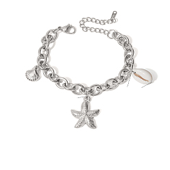 Нержавеющая Сталь Цвет 304 из нержавеющей стали шарм браслеты, браслеты-цепочки для женщин, морская звезда и форма раковины, с ракушкой и пресноводным жемчугом, цвет нержавеющей стали, 6-1/2 дюйм (16.5 см)